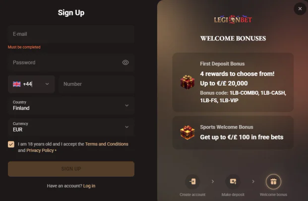 Legionbet registration form with email, password, phone number, country and currency fields, plus welcome bonus offers