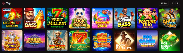 Legionbet slot game catalogue featuring popular titles, new releases, bonus games and jackpot-style slots